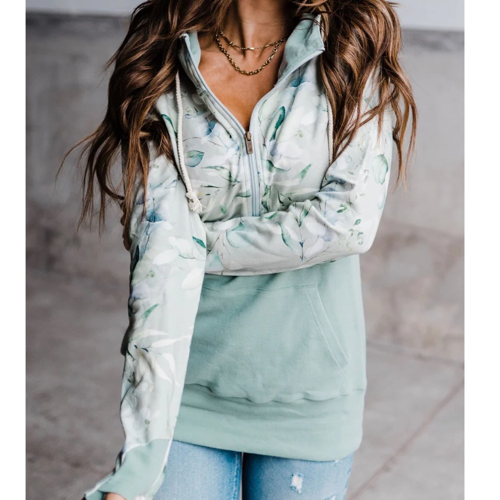 & Ave Light Sage Floral Half-Zip Hoodie Sweatshirt